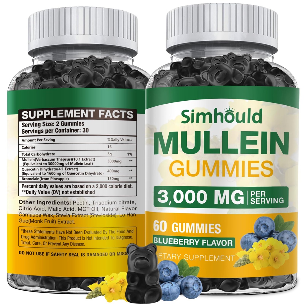 Simhould 1 Pack Sugar Free 3000MG Mullein Gummies - Lung Cleanse, Mullein Leaf Extract Supplement for Respiratory, Organic Mullein Drops with Quercetin & Bromelain for Lung, Digestive Health & Immune
