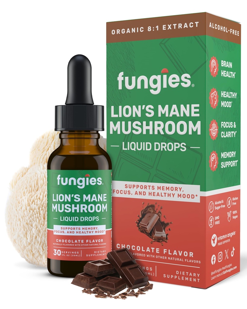Fungies Lion's Mane Mushroom Liquid Drops, Chocolate - Tincture with Lions Mane Extract Supports Brain Fog, Focus, Memory & Healthy Mood - Mushroom Complex Supplement for Adults - 30 Servings