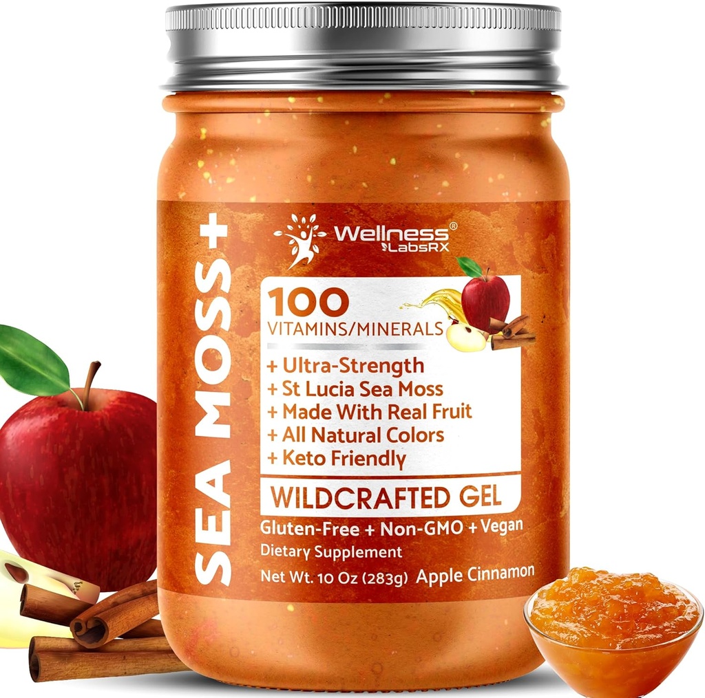 Irish Sea Moss Gel Raw - Wildcrafted Superfood Seamoss Gel - Apple Cannamon Flavor, Vitamina e Mineral-Rich de Pristine Caraíbas Águas, Imune e Digestive Health Support - 10 onças