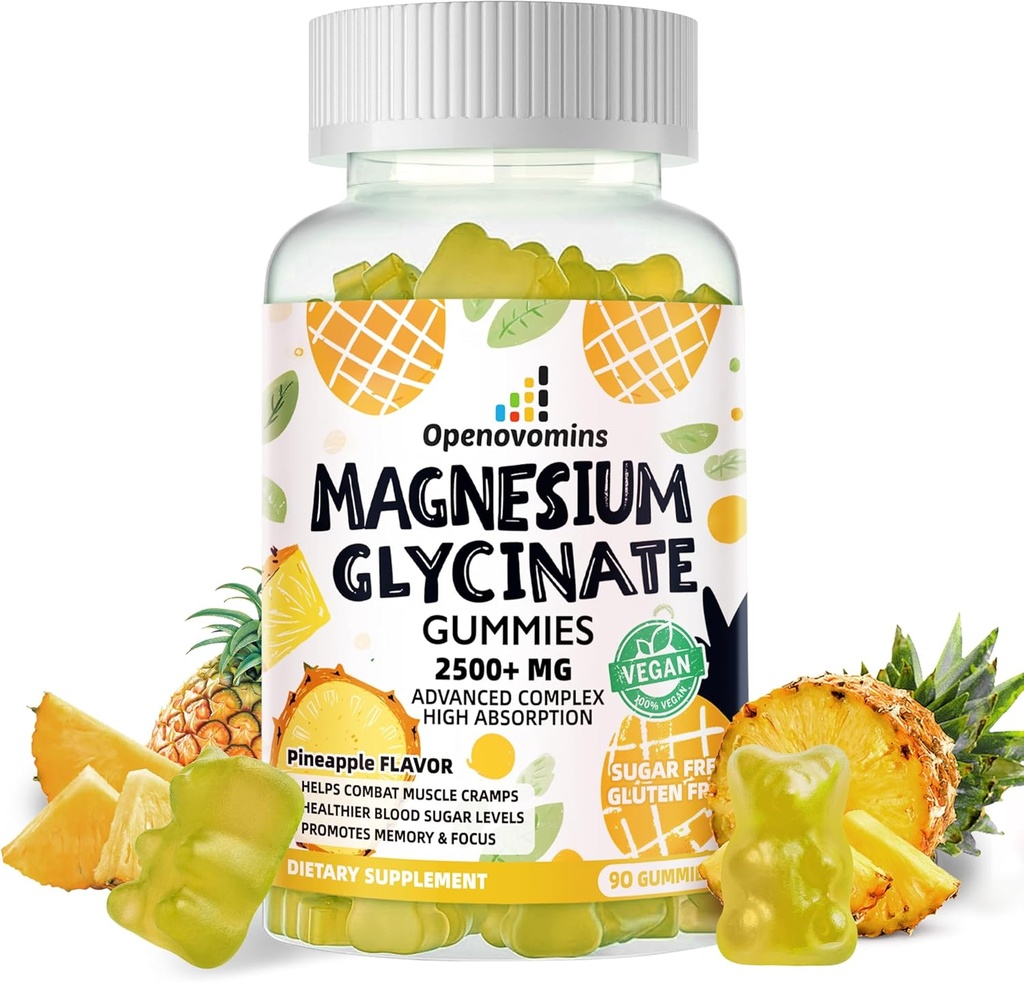 Magnesium Glycinate Gummies 2500 mg - Sukker Free Magnesium Kalium Supplement med vitamin D, B6, CoQ10 for rolig mood og søvn støtte - 90 Pineapple Gummies