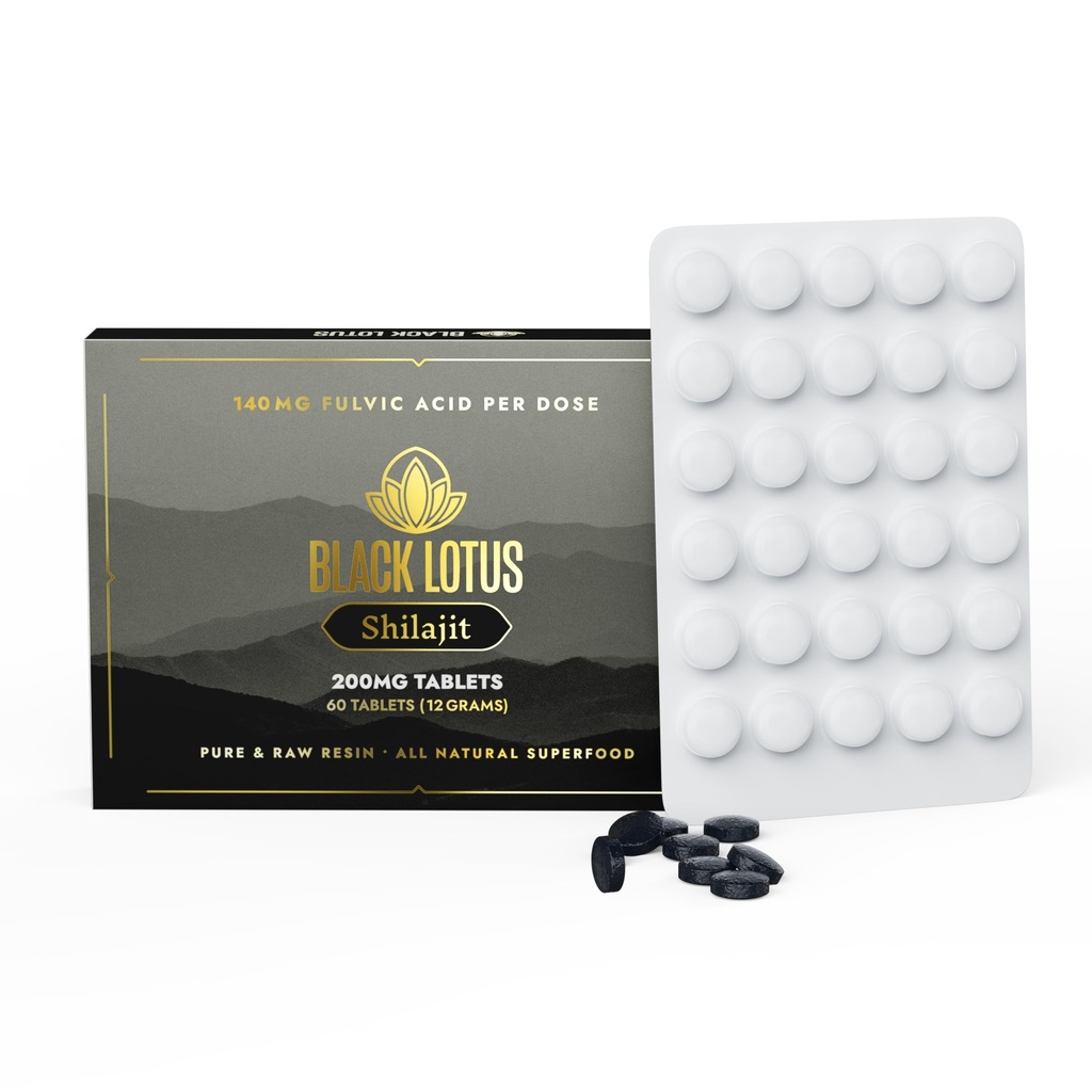 Black Lotus Shilajit Resin Tablets, 60 Count, 200mg Each, 100% Pure Natural Shilajit for Men & Women with Amino Acids, 140mg Fulvic Acid, 85 Ionic Trace Minerals, for Immune Support, Focus, Energy