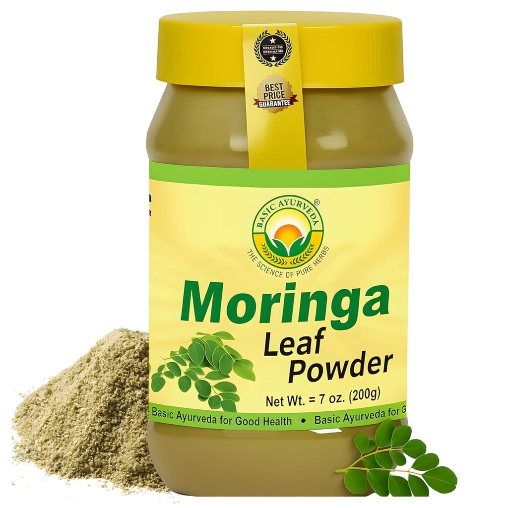 BASIC AYURVEDA Moringa Blatt Pulver - 7.05 Oz (200g) | Fine Green Superfood Powder | Antioxidant Rich, Vegan & Gluten-Free | Pure Dried Moringa for Smoothies, Teas, Juices & Cooking