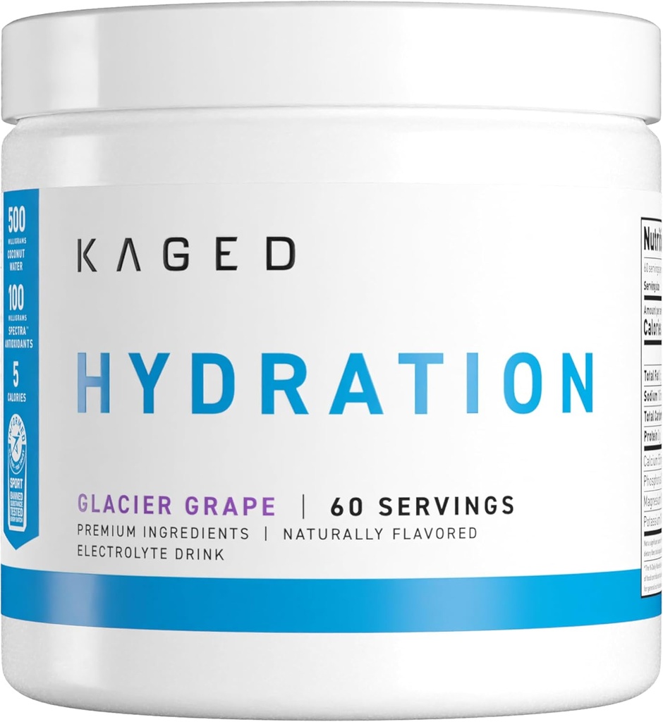 Kaged Hydration Electrolytes Powder | Glacier Grape | Hydra-Charge Sports Drink Mix | Pre, Post, Intra Workout | Low Carb, Vegan, Gluten Free | Suplementos para homes e mulleres | 60 Serventes