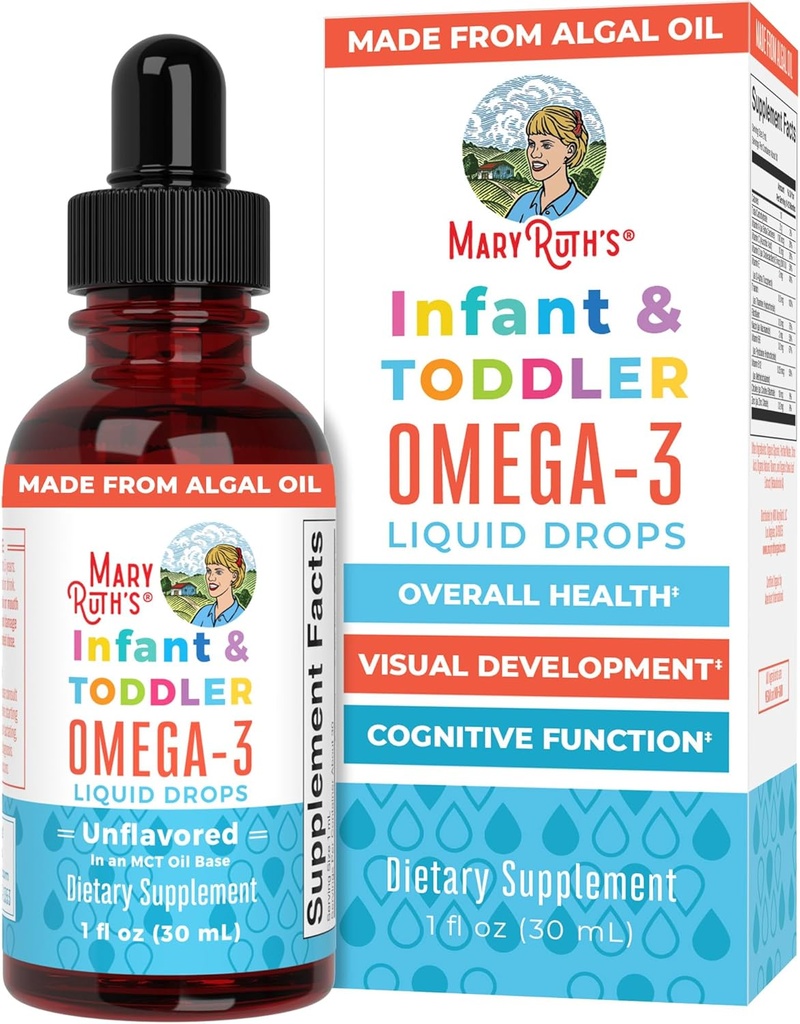 MaryRuth Organics Infant and Toddler Omega-3 Liquid Drops by | 200mg DHA e 2mg EPA Per Serving | Totale benessere e sviluppo sano | Unflavored | 1 Fl Oz