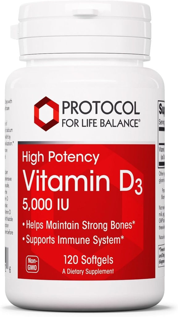 ProTOCOL for Life BALANCE - ויטמין D3 5000 IU (High Potency) תומך ב- Calcium Absorption, Bone and Dental Health, Immune System, Nervous System, and Cognitive Function - 120 Softgels