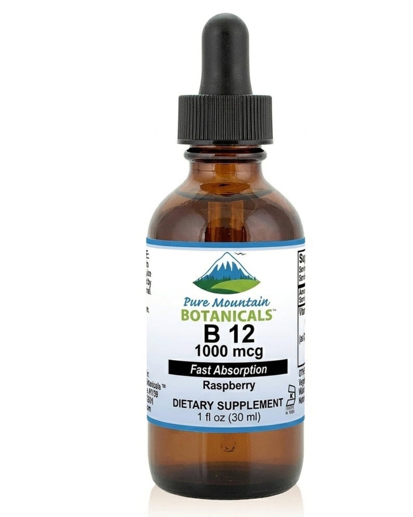 Pure Mountain Botanicals B12 1000 mcg - B12 Complex - Natural Berry Flavor - 30 Servings - Liquid Drops Vitamin - Kosher Supplement