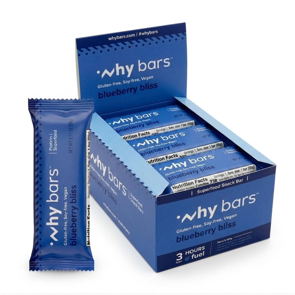 Why Bars, Healthy Snack Bars, Blueberry, 2.04 Ounce Bars (Pack of 12) - Gluten Free Oats, Almond Butter, Chia Seeds, Superfood, Vegan, Clean Ingredients