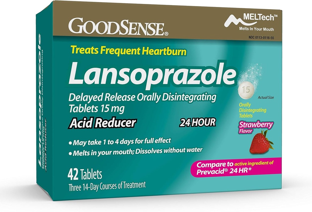 GoodSense Lansoprazol Opóźnione uwalnianie doustne Rozpuszczanie tabletek 15 mg, Acid Reducer, Strawberry Flavor, 42 Ilość (Opakowanie po 1)