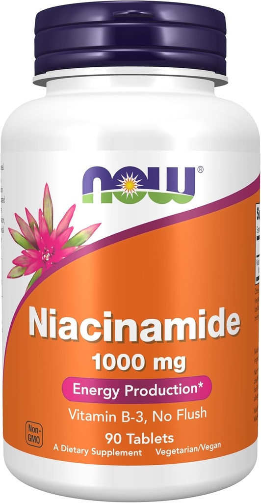 Now Foods Supplements, Niacinamide (Vitamin B-3) 1000 mg, energian tuotanto*, 90 tablettia, valkoinen, valkoinen
