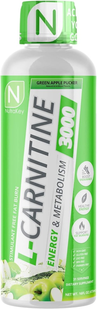 NutraKey L-Carnitine 3000 mg, No Sugar, Gluten Free, Turn into Fuel, (Green Apple) 31 Servisler