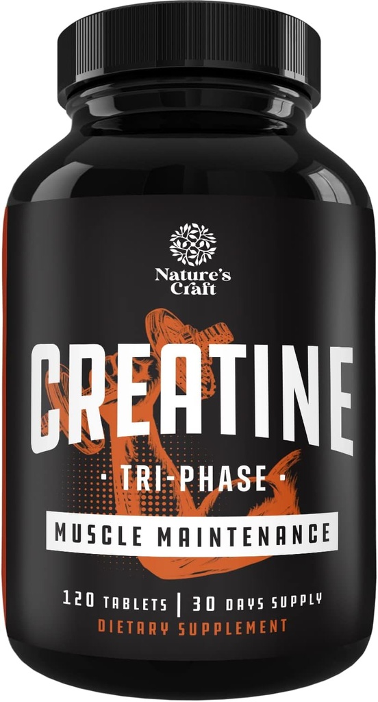 Natures Craft High Strength Tri Phase Comprimés de créatine pour les femmes et les hommes - Formule mélange de créatine monohydratée, 300mg HCL et supplément de pyruvate - Mass Gain et supplément de récupération musculaire - 120 comprimés
