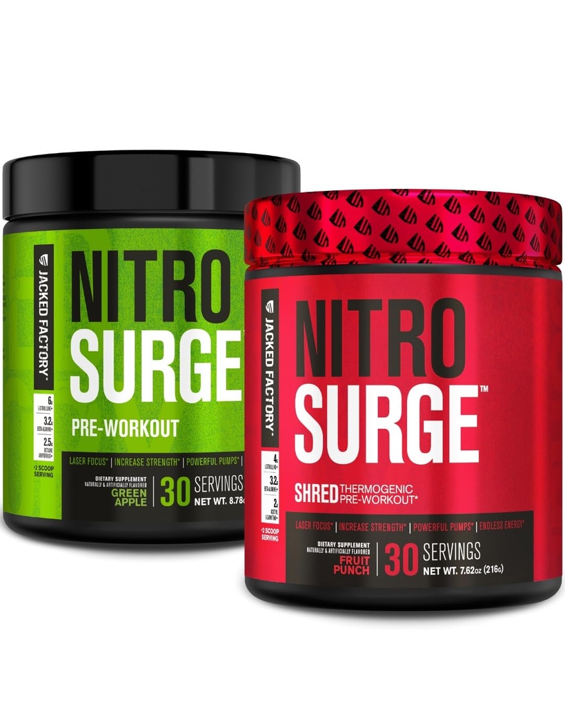 Jacked Factory Nitrosurge Pre-Workout in Green Apple & Fruit Punch Nitrosurge Shred Thermogenic Pre-Workout for Men & Women
