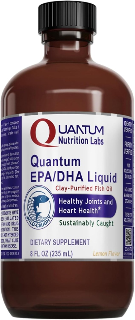 Quantum Nutrition Labs EPA/DHA Liquid - Omega 3 Fish Oil Liquid, Omega 3 Liquid Fish Oil Supplement for Adults, Joint, Heart, & Brain Health Support - 8 Fl Oz Bottle