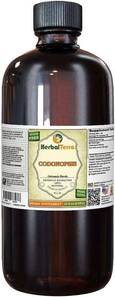 Kodonopsis (Codonopsis Pilosula) Tincture, Organic Kaltētas Saknes Šķidrais ekstrakts (Zīmola nosaukums: HerbalTerra, Proudly Made in USA) 32 fl.oz (0,95 l)