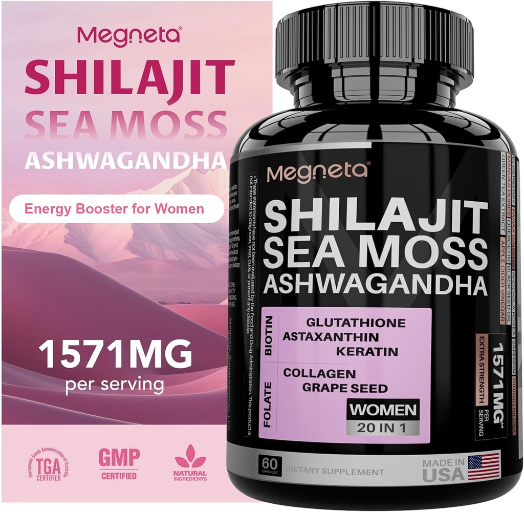 All-in-One Sea Moss, Shilajit, Ashwagandha & Glutatione Supliment pentru femei, Boosts Energy, 60 Capsule
