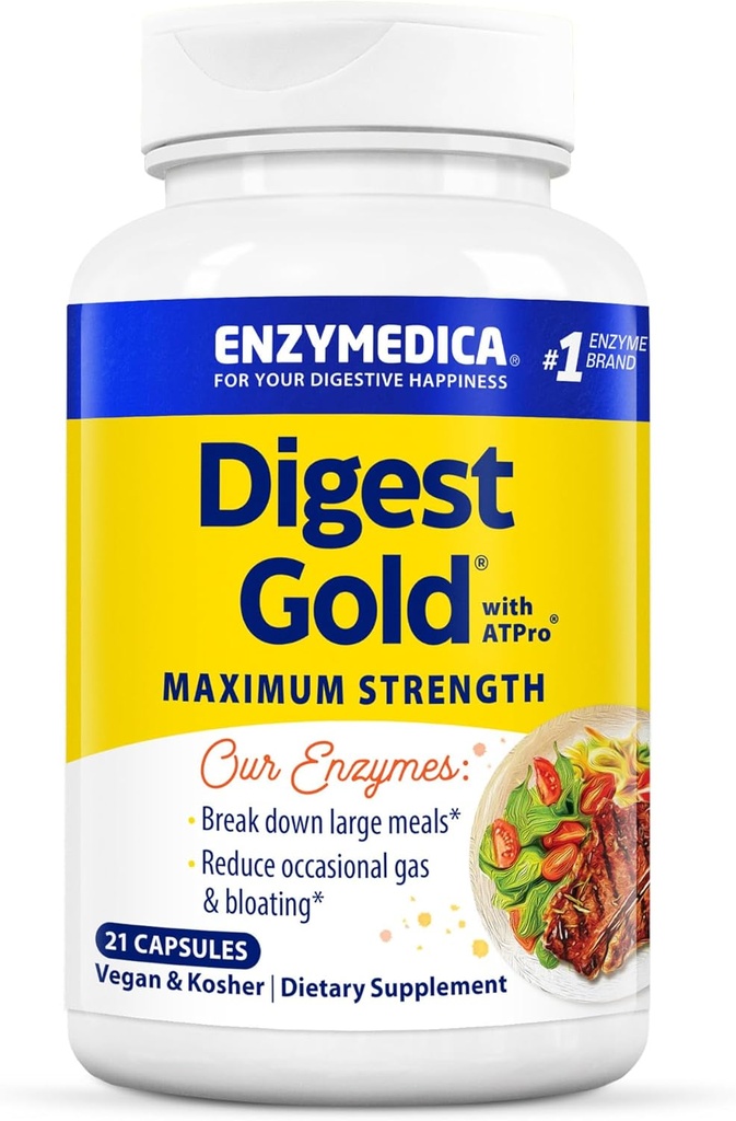 Enzymedica Digest Gold + ATPro, Fórmula de potencia máxima, impide o sangramento e o gas, 14 encimas clave que inclúen a amilase, protease, Lipase e lactase, 21 cápsulas (FFP)
