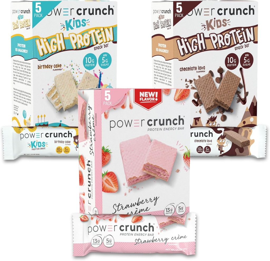 Power Crunch Protein Wafer Bars och Power Crunch KIDS Protein Bars, Variety Pack, (15 greve) High Protein Snacks med läckra smakprov