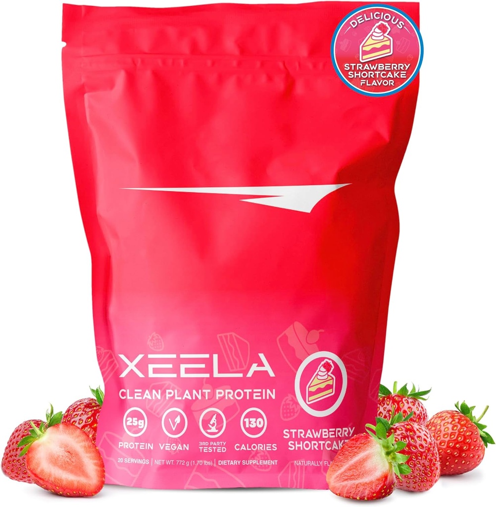 XEELA Plant Based Vegan Protein Powder - независим тестван - 25 грама висок протеин, грахов протеин за мъже и жени - Витамини и минерали, нон ГМО, млечни и глутен свободен, LowCarb & LowFat (Ягодова торта)
