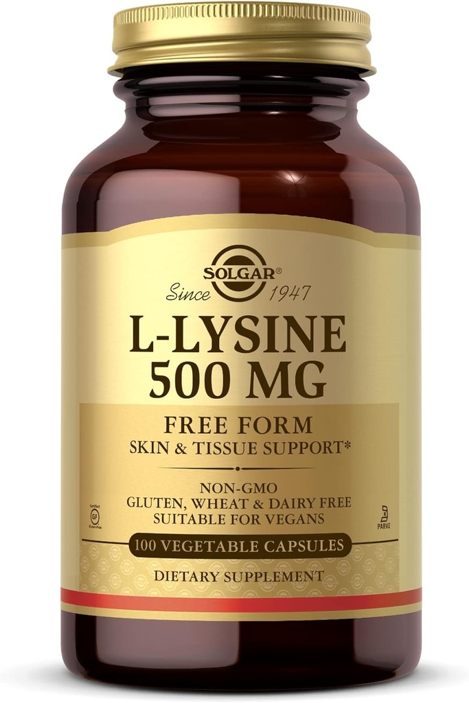 Solgar L-Lysine 500 mg - 100 Capsule vegetale - Skin & Tesut Support - Non-GMO, Vegan, Kosher, Gluten Free - 100 Serviri