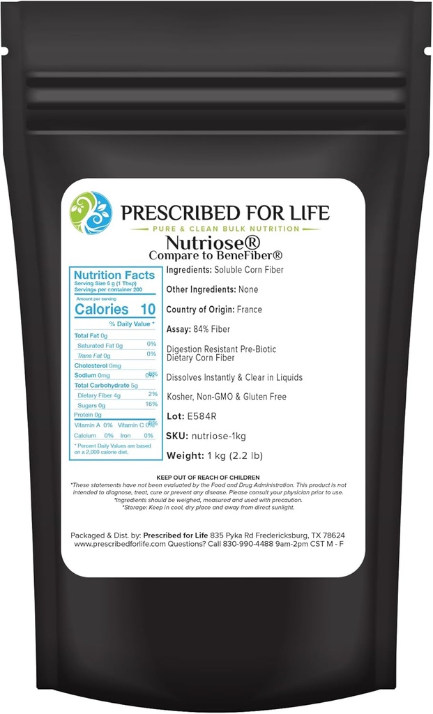 Prescripted For Life Nutriose Powder, Natural Fiber Suplemen, Prebiotic Soluble Corn Fiber untuk Dewasa, Gluten Free, Vegan, Non GMO (1kg / 2.2lb)