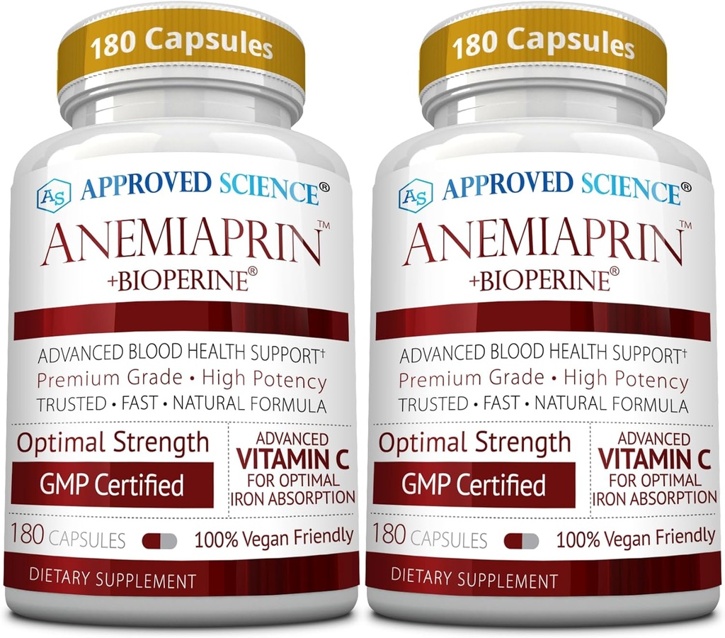 Approved Science Anemiaprin - Absorbable Iron, Vitamin C - Gentle On Stomach - 380 Capsules - 6 Month Supply - Non-GMO, Vegan