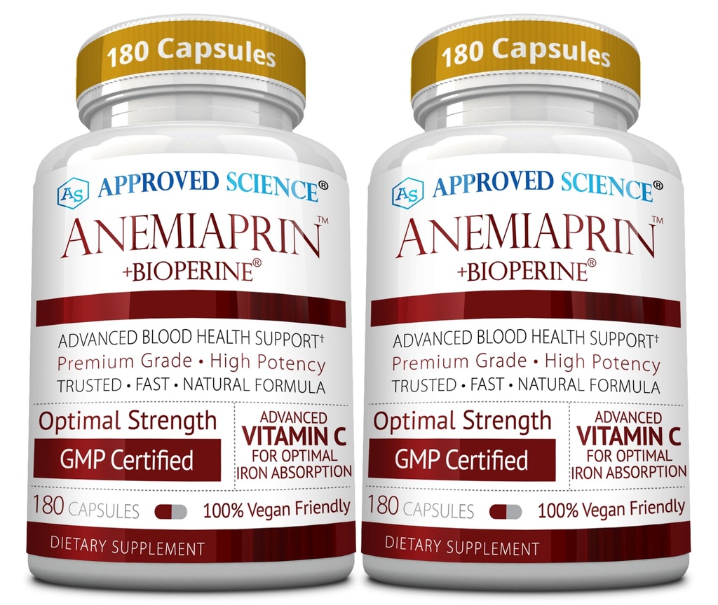 Approved Science Anemiaprin - Iron Bisglycinate with Vitamin C - Gentle On Stomach - Non Constipating Iron Supplement for Women and Men - Blood Support - with Folate and B12-6 Months - Vegan