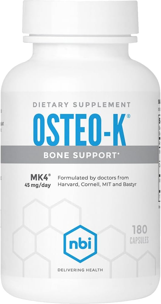 NBI Osteo- K Support Bone 124; Witamina D & K z dodatkiem wapnia do cytrynianu suplement 124; 45 mg Witamina K2 (MK4) dla silnego zdrowia i funkcji kości 124; 180ct Kapsułki wegetariańskie