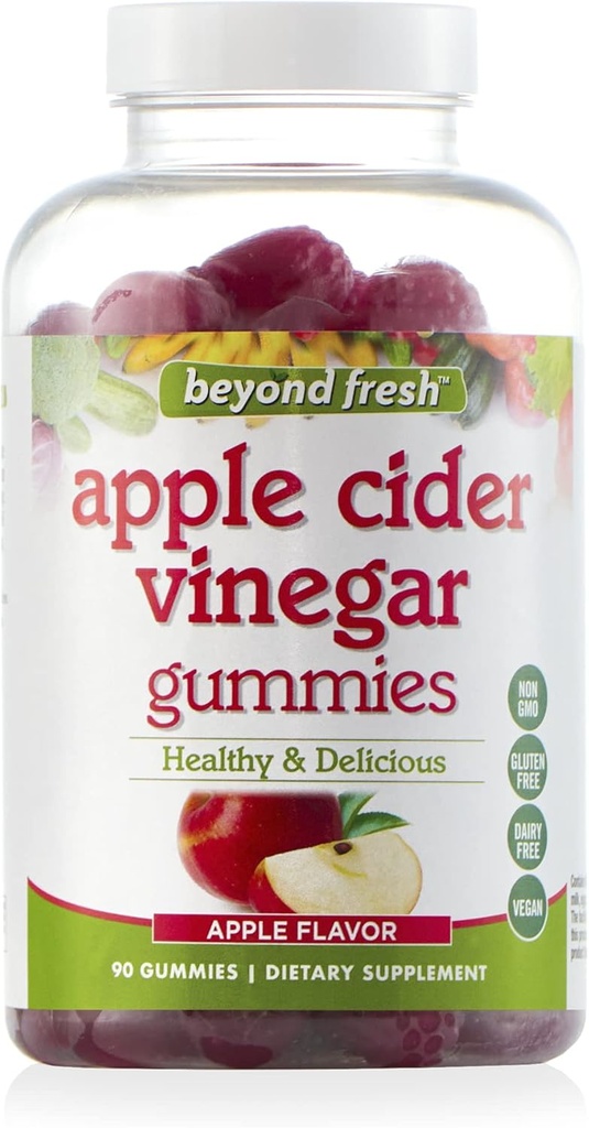 Beyond Fresh Apple Sider Viinietikka Gummies, Tukee Digestion, Säilytä veden tasapaino, Debloat, Rich energiaan Boosting B12 ja B9 (Folic Acid), Vegan, Dairy Free, Gluteeniton, 90 kreivi, Multi