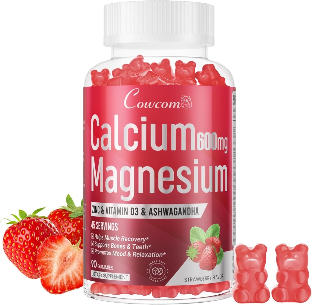 Calcium Magnesium Zinc Gummies & Vitamin D3,B6,B12,Immune & Supporting Bone Health Calcium Magnesium Supplement for Women Men,Sugar-Free Vegan Strawberry Flavor 90 Counts