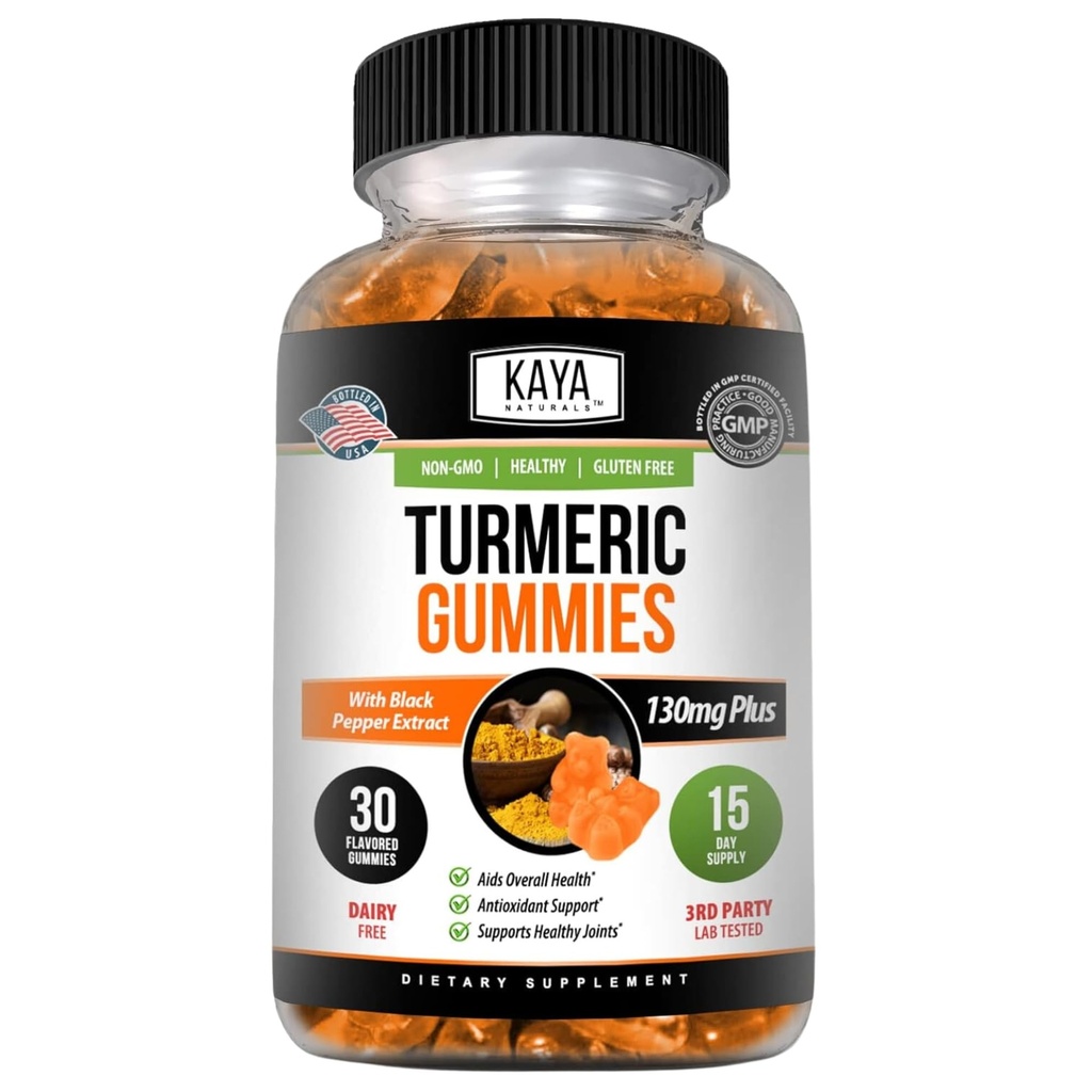 Kaya Naturals Turmeric Supplements Gummies - Pure Nature Turmeric Curcumin -Turmeric Ginger Gummies - 30 Count Gummy - Turmeric with Black Pepper Extract