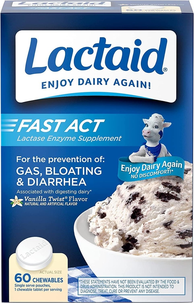 Lactaid Fast Act Lactose Intolerance Relief Chewables with Lactase Enzyme to Prevent Gas, Bloating & Diarrhea Due LactoseSensitivity, Ideal for Travel&On-the-Go, Vanilla Twist,60 Packs of 1-ct.(5pk)