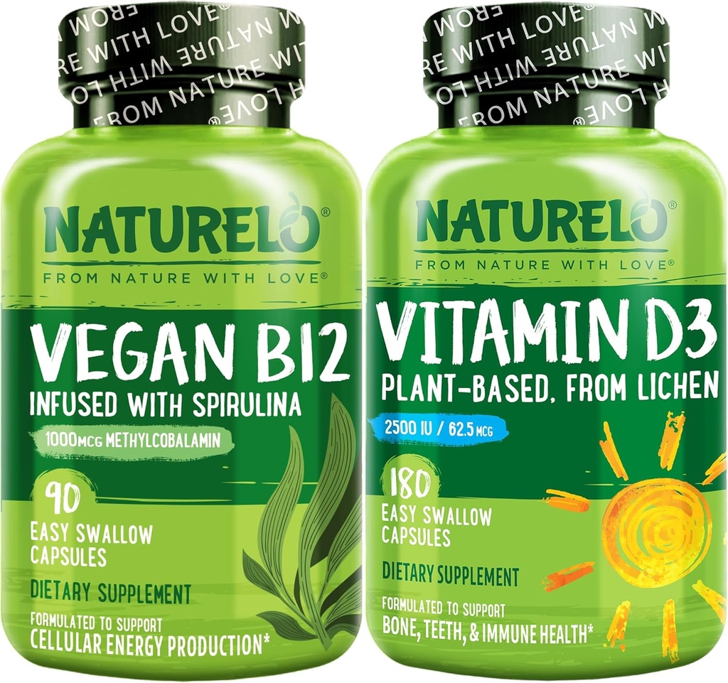 NATURELO vitamín D - rastlina založená z Lichen - 180 Mini kapsule, Vegan B12, 1000 mcg Metylkobalamín - 90 kapsuly