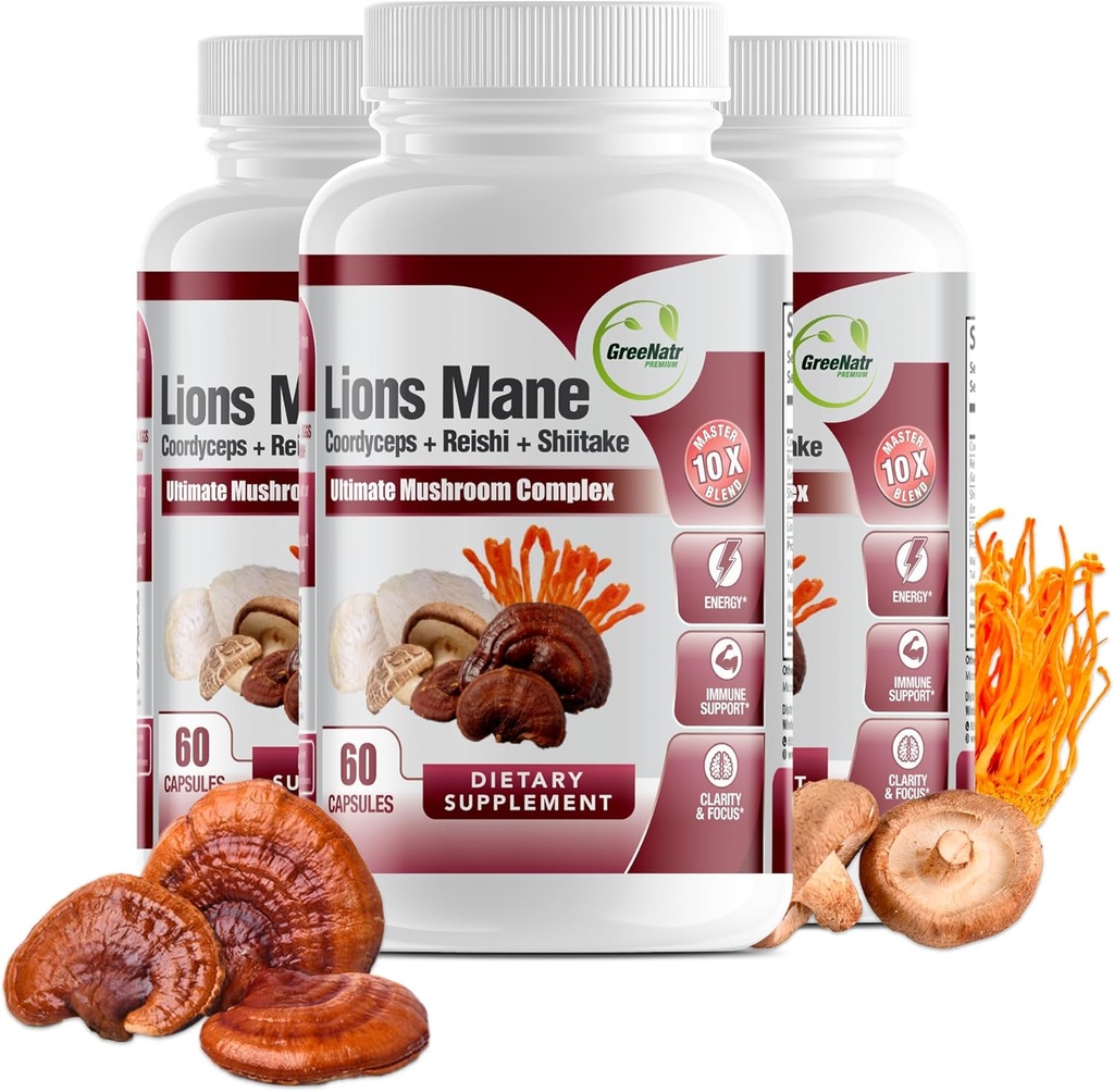 GreeNatr Täielik Seenelisa -10 in 1 Kompleks Lions Mane, Cordyceps, Shiitake, Chaga, Türgi Saba immuunsuse toetamiseks, mälu, fookuse ja loodusliku energia suurendamiseks - 180 kapslit (3 pudelit)