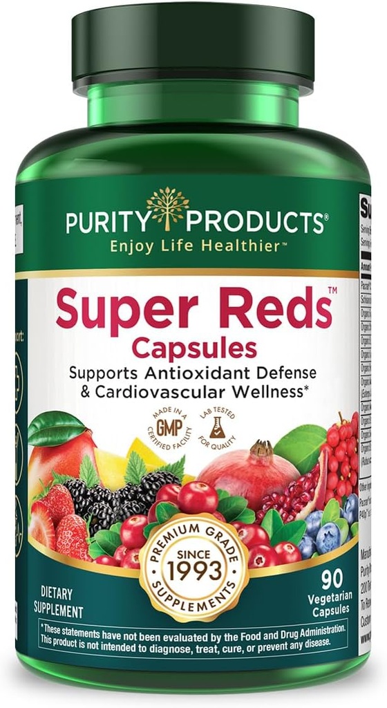 Purity Products Super Reds Capsules Formula (20+ Organic Super Fruits and Berries) Certified Organic Phytonutrients - 90 kapslit