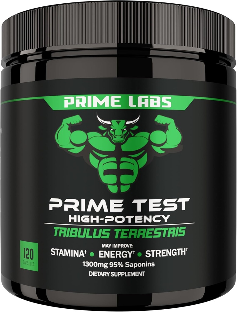 Prime Labs Tribulus Terrestris para Homens 1300mg - Melhorado com 95% de Saponinas - Energia, Vitalidade, Força - 120 Conde
