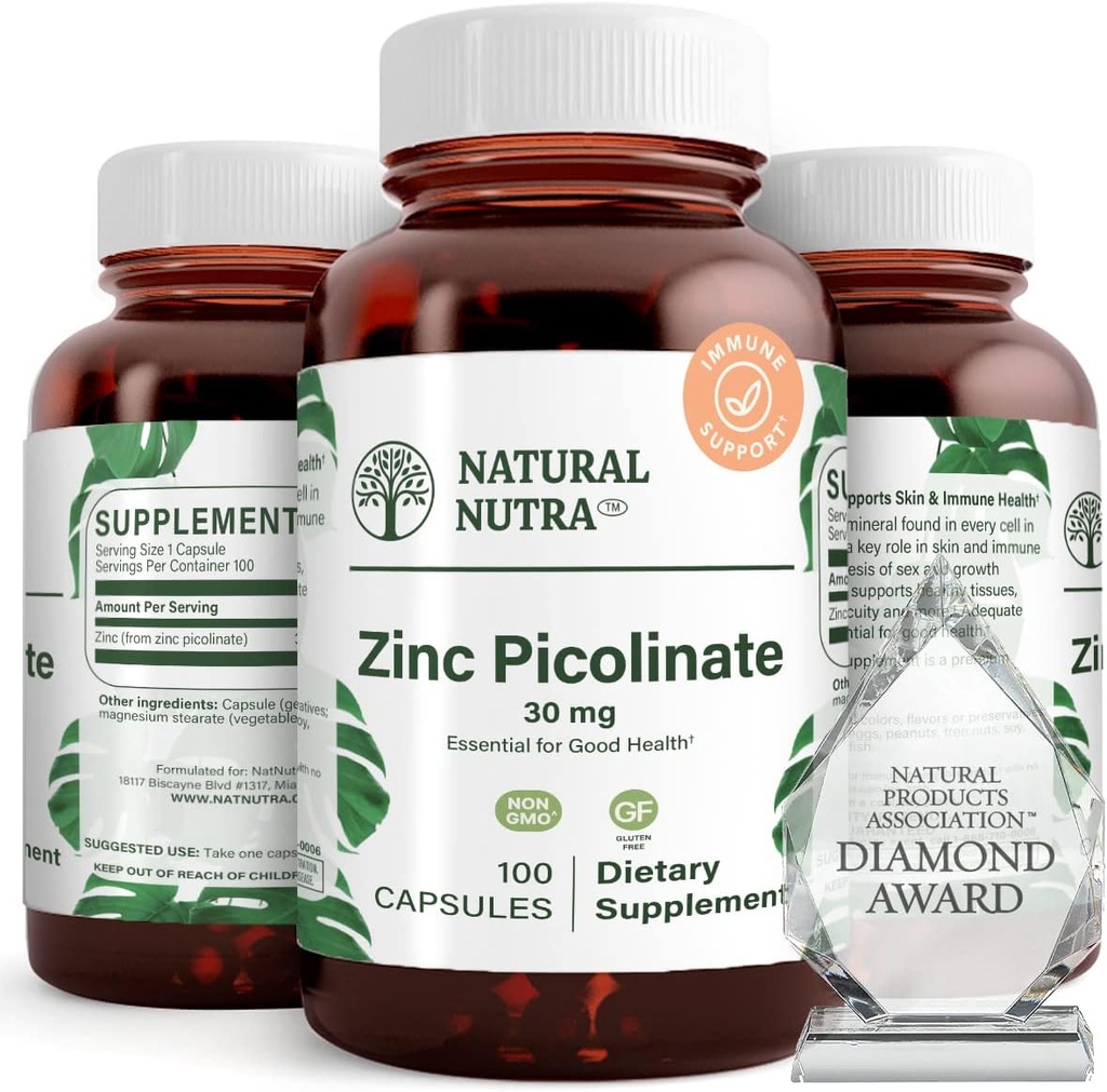 Natural Nutra Zinc Picolinate 30 mg, dobre forza, Raw e Pure, Suplemento altamente biodispoñible para o crecemento e soporte inmune, axuda a promover a saúde da pel, axuda a apoiar o sistema metabólico 100 cápsulas.