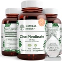 Picolinato de zinco natural de Nutra 30 mg, dupla força, cru e puro, suplemento altamente biodisponível para o crescimento e suporte imune, ajuda a promover a saúde da pele, ajuda o suporte sistema metabólico 100 cápsulas