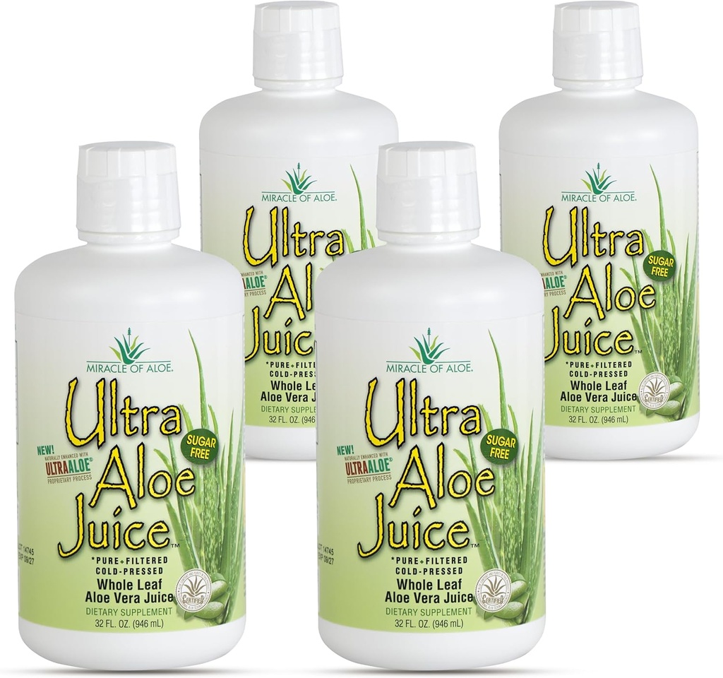 Cud Aloe Ultra Aloe Vera Juice, 1 Qt. 4 Pack, cały Leaf, Czysty, filtrowany, Certyfikowany dla zawartości i czystości (Gallon)