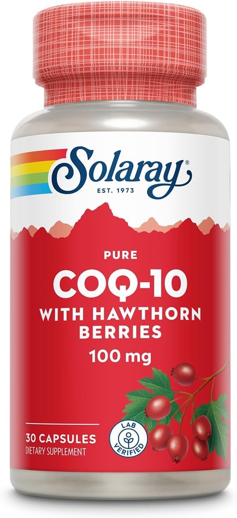 Solaray Pure CoQ10 100 מ"ג עם הותורן ברי, Antioxidant פורמולה עם CoEnzyme Q10 ויטמין E עבור אנרגיה סלולרית ותמיכה בריאות הלב, מעבדה מאומתת, 60 יום ערבות, 30 משרתים, 30 קפסולות.