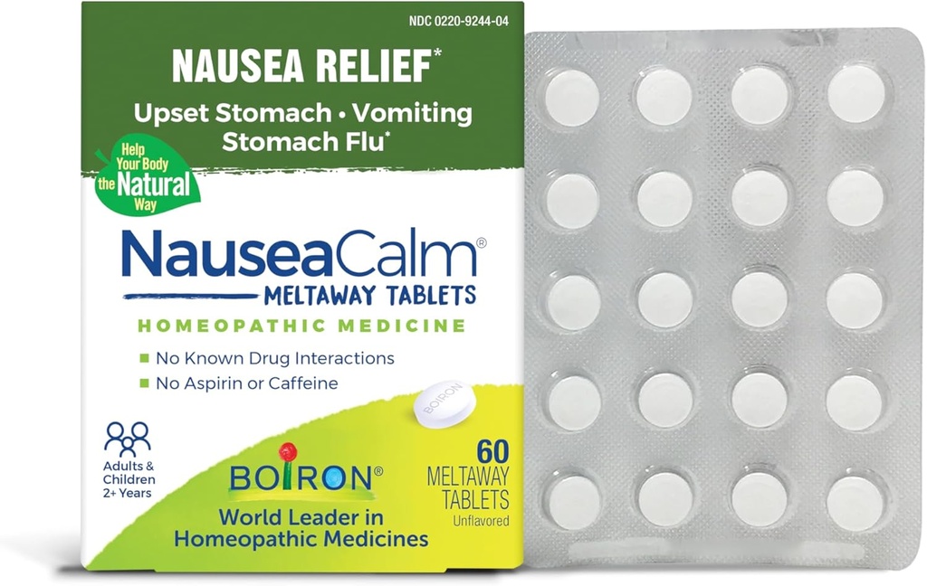 Boiron NauseaCalm Relief for Upset Stomach, Nausea, and Vomiting Due to Stomach Flu, Overindulgence, or Motion Sickness - Non-Drowsy - 60 count
