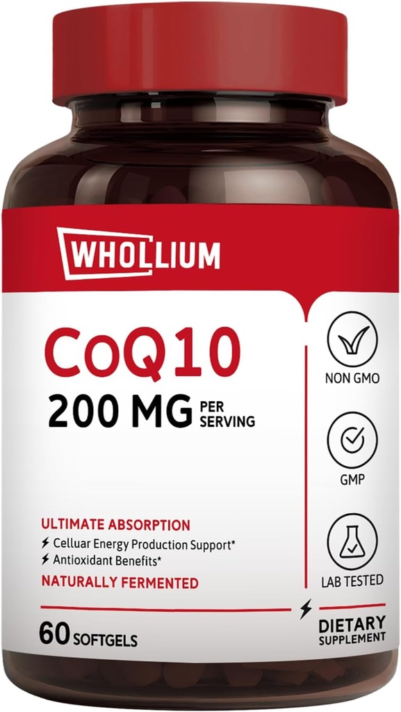 CoQ10 200mg Per Serving, Extra Panenský olivový olej, Ultra absorpce, Přirozeně fermentované, Koenzym Q10 dodatek, Výroba energie, Zdravé srdce, Anti- Aging, 60 Softgels
