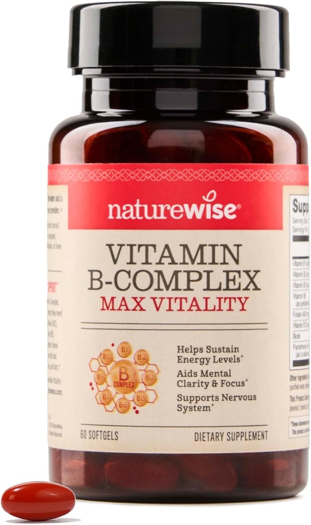 NatureWise Vitamin B Complex for Women and Men -- -- 含叶酸生物素B1 B2 B3 B6 B12 -- -- 支持细胞能和精神清晰 -- -- 无奶油、非GMO -- -- 60 软胶[2]