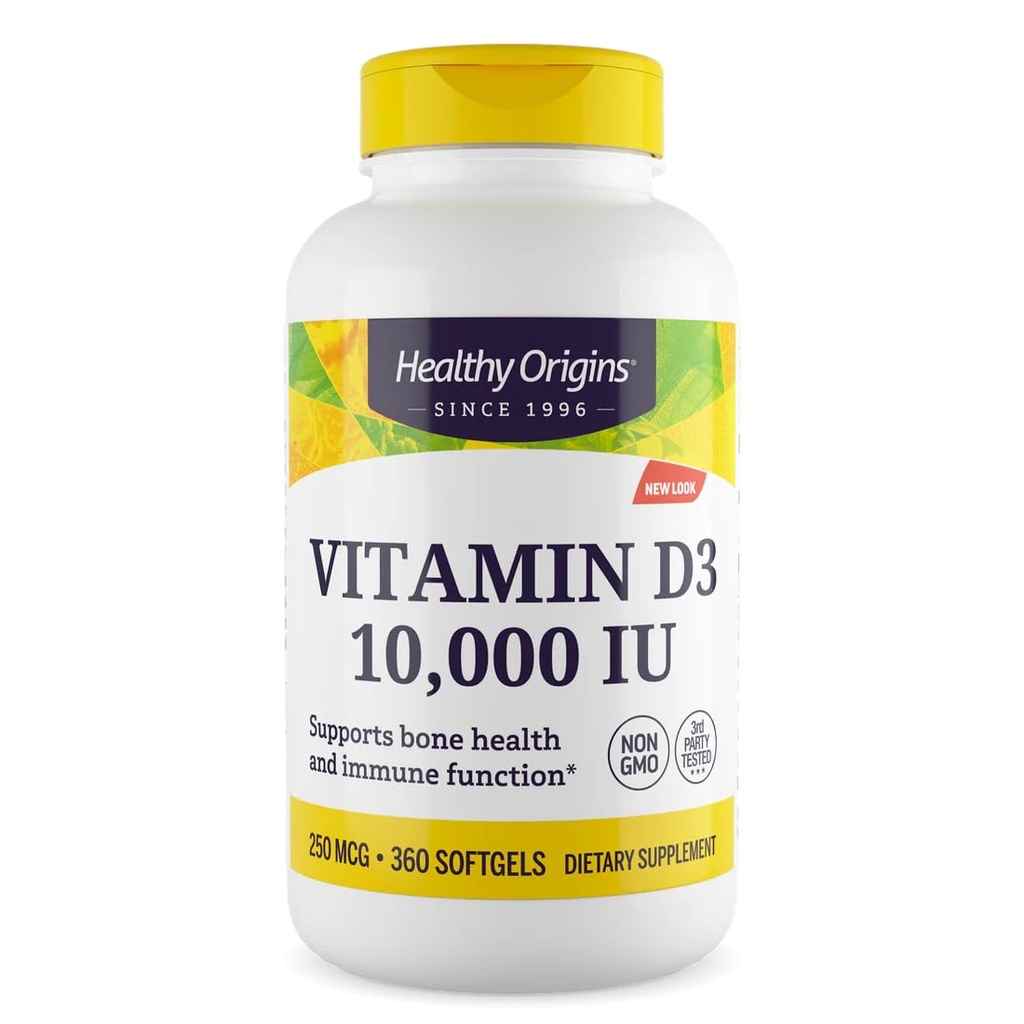 Healthy Origins Vitamin D3 10,000 IU (250 mcg), 360 Liquid Softgels - High Potency Sunshine Vitamin Supplement - Supports Strong Bones, Healthy Teeth & Immune System Function