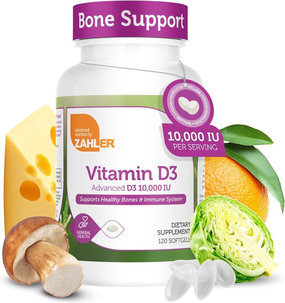 Zahler - Advanced Vitamin D3 10,000 IU Softgels (120 count) Kosher Vegetarian Friendly Vitamin D for Immune Support, Bone, Teeth ' Muscle Health - Daily D3 Vitamin supplement for Adults - easy Swallow