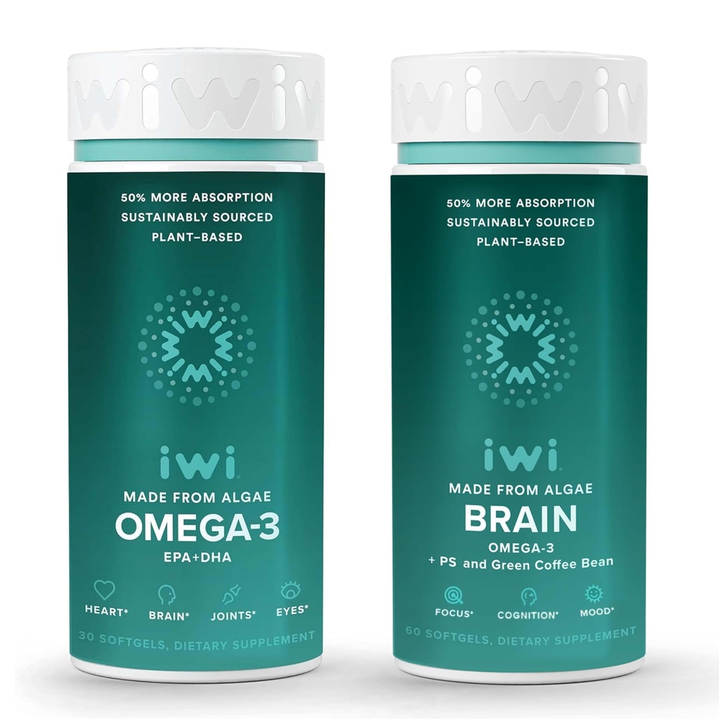 Iwi Omega-3 & Brain Omega-3 Bundle, 30 Servings, Vegan Plant-Based Algae Omega 3 with EPA + DHA, Krill & Fish Oil Alternative, No Fishy Aftertaste
