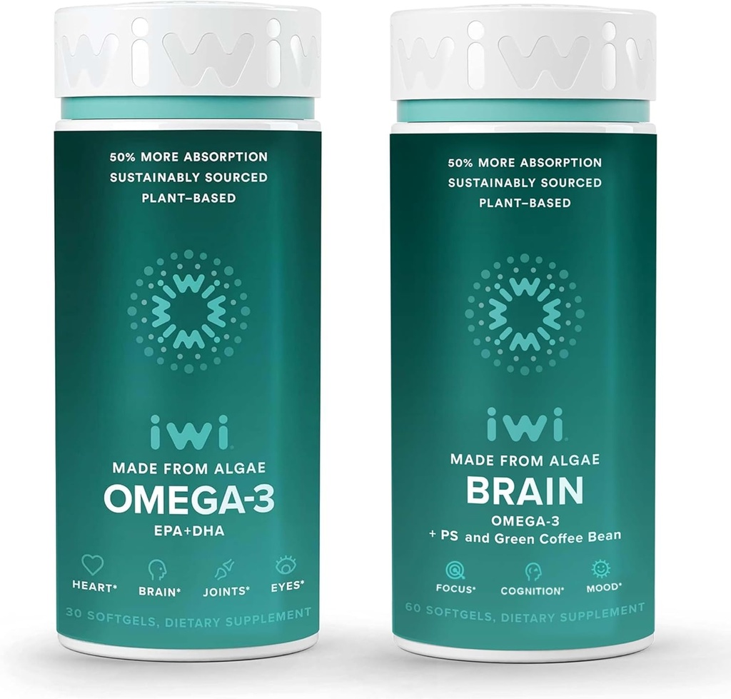 Iwi Omega33 & Brain Omega33 Bundle, 30 Serving, Vegan Plant- Based Algae Omega 3 s EPA + DHA, Krill & Fish Oil Alternative, No Fishy Aftertact
