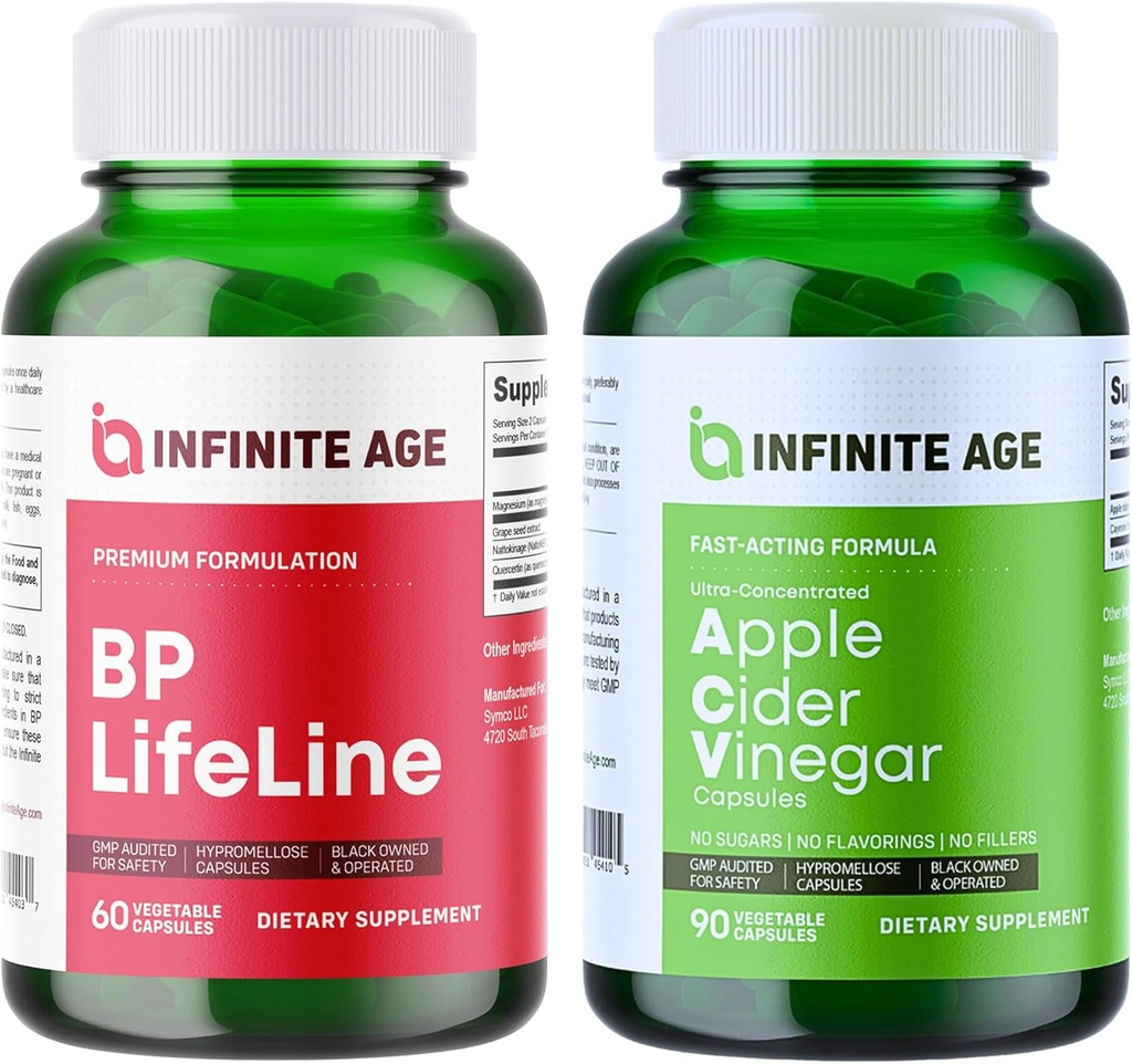 INSINITE AGE Wellness Bundle - BP Lifeline Heart Health Support Papildinājums 1030mg, Apple Cider Etiķis Kapsulas 1950mg - Ražots ASV