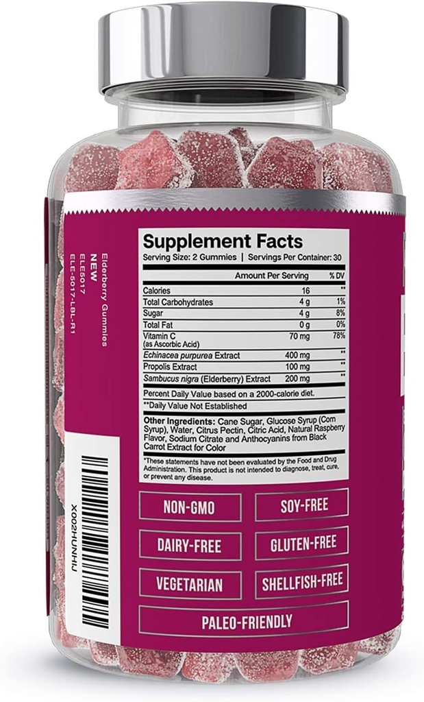Elemento esencial Gummies para adultos - 4in-1 Fórmula de soporte inmune con Sambucus nigra, vitamina C, Echinacea, Propolis Extracto 60 Conde
