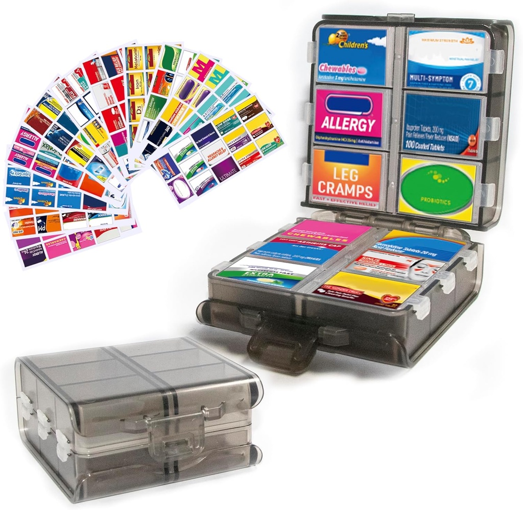 Veľký Organizátor piluliek s lekárskymi značkami, Pill Dispenser 12-Compartment Travel Medication Storage Case, 7-Day Pill Box pre vitamíny a doplnky (Šedé, 161 Etikety)