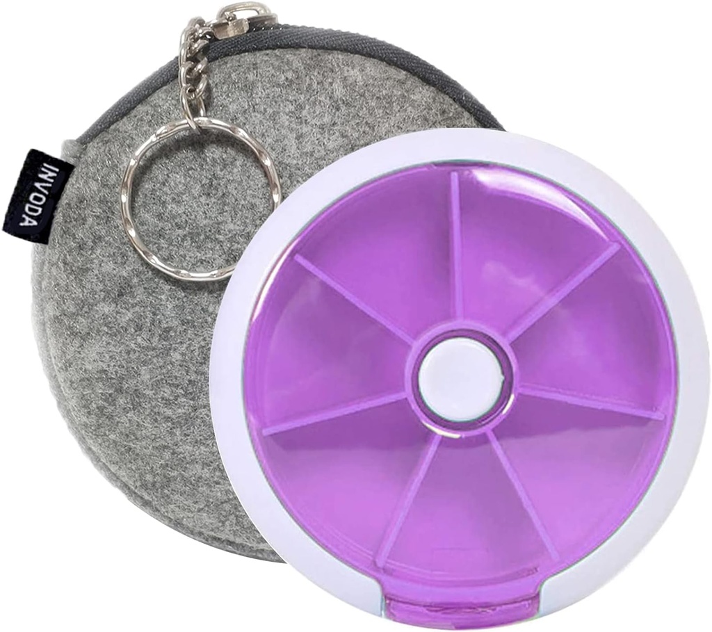 Casos de comprimidos Organizador de comprimidos INVODA semanalmente 7 dias 3 vezes Medicine Dispenser Push Button Rotate Pill Planner with 7 Compartments (Purple+Bag)